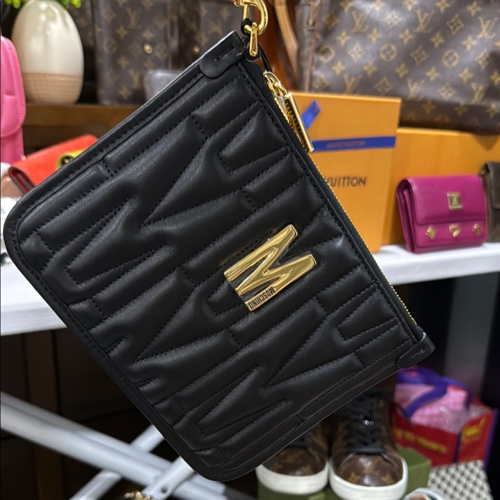 Moschino Black and Gold Quilted Leather Wristlet